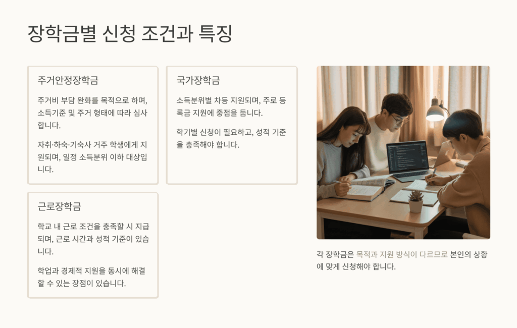 장학금별 신청 조건과 특징
