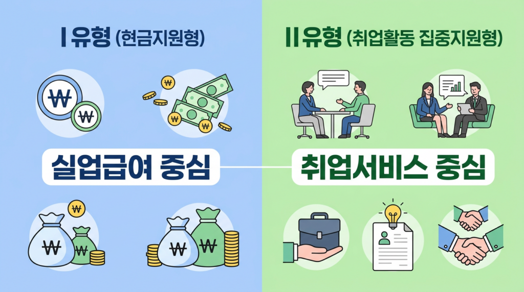 국민취업지원제도 1유형과 2유형 핵심 차이점 비교 인포그래픽, 1유형은 현금 중심, 2유형은 서비스 중심이라는 구조적 차이를 먼저 이해해야 한다