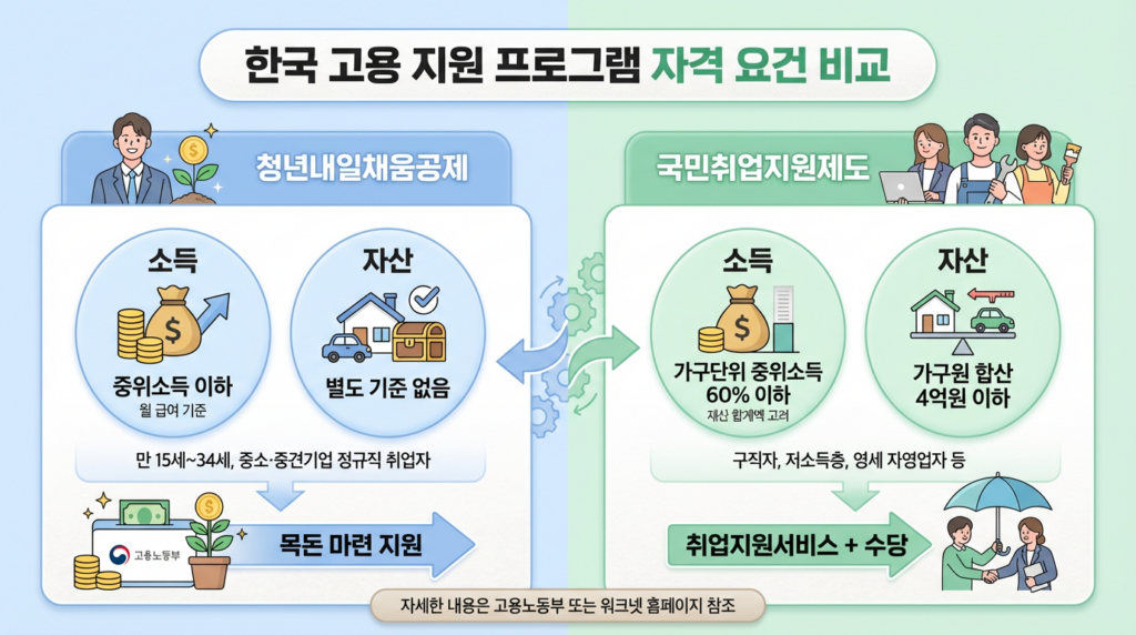 국민취업지원제도 1유형과 2유형 자격요건 비교 인포그래픽