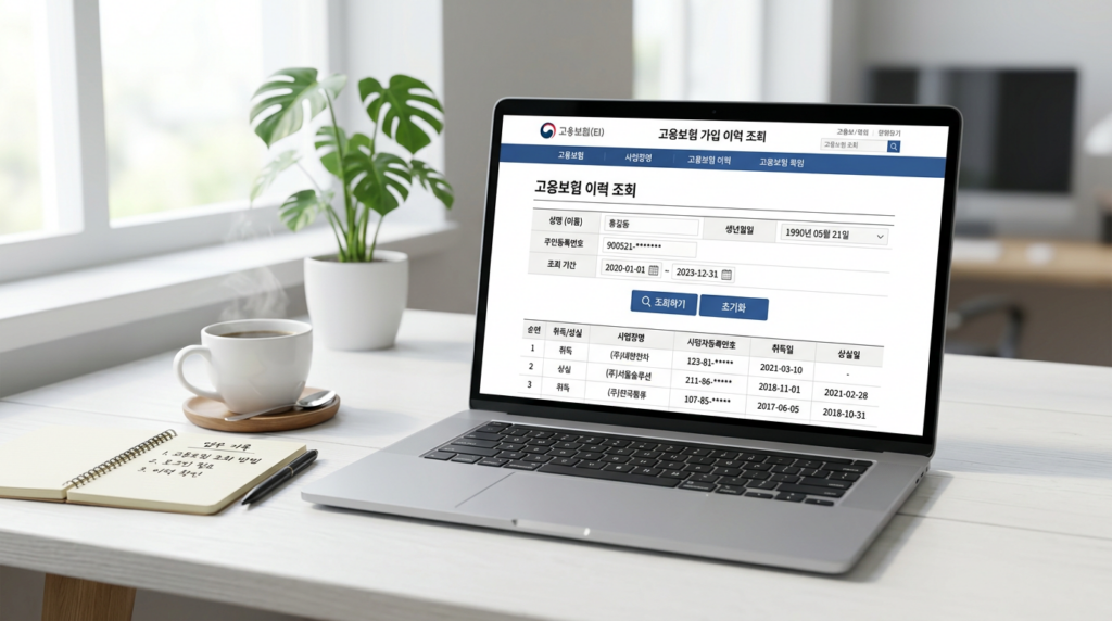 고용24 국민취업지원제도 고용보험 피보험 일수 조회 화면, 신청 전 고용보험 이력 조회를 하면 유형 선택 실수로 인한 시간 낭비를 줄일 수 있다