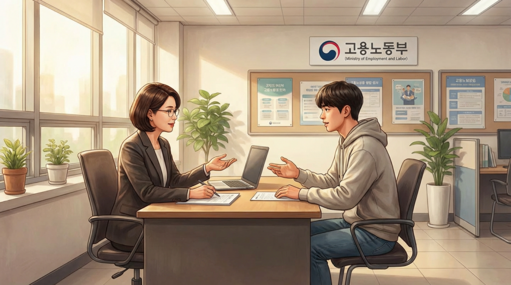 IAP 취업활동계획 수립 화면과 상담사 면담 장면.  훈련과정을 IAP에 포함하면 월 최대 28.4만 원의 추가 수당이 발생한다