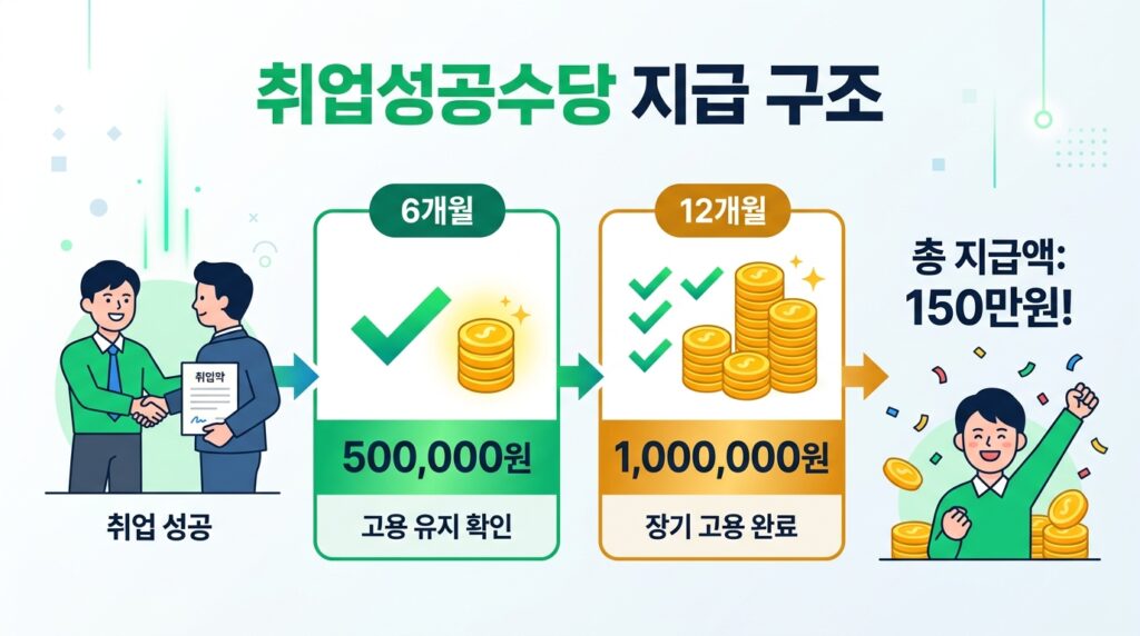 취업성공수당 6개월 50만원과 12개월 100만원 지급 구조를 보여주는 단계별 도식, 근속 기간 충족 후 3개월 이내에 반드시 신청해야 하며 고용보험 가입 상태가 유지되어야 한다