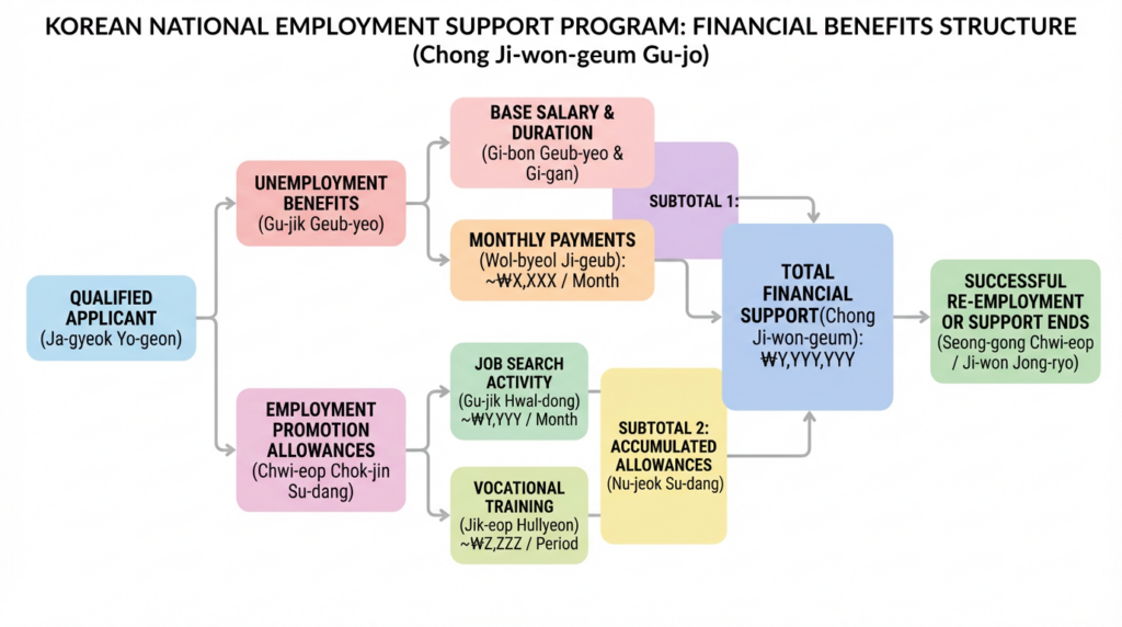 국민취업지원제도 수당 수령 구조 흐름도 구직촉진수당 훈련수당 취업성공수당.  IAP에 훈련과정을 포함하면 총 수령액이 600만 원 이상으로 늘어날 수 있다