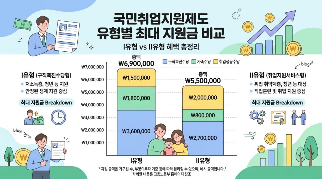 2026년 국민취업지원제도 1유형 최대 수령 금액 구조를 보여주는 인포그래픽, 구직촉진수당 360만원과 부양가족수당 취업성공수당을 합산하면 최대 750만원에 근접한다
