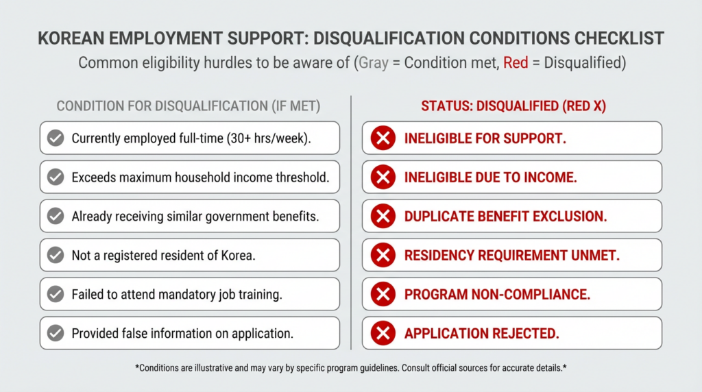 국민취업지원제도 참여 제한 대상 체크리스트 인포그래픽, 실업급여 수급 중이거나 주 30시간 이상 취업 상태이면 1유형 신청이 불가하다